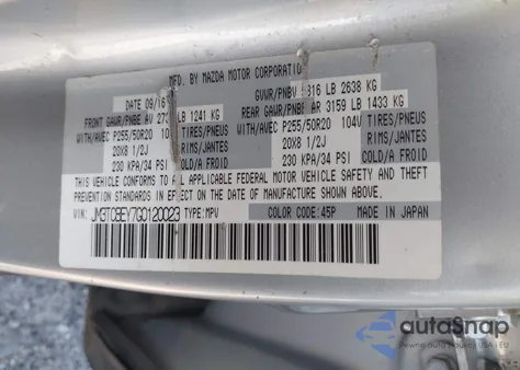 2016 Mazda Cx-9 Signature z USA, uszkodzony, nr VIN JM3TCBEY7G0120023